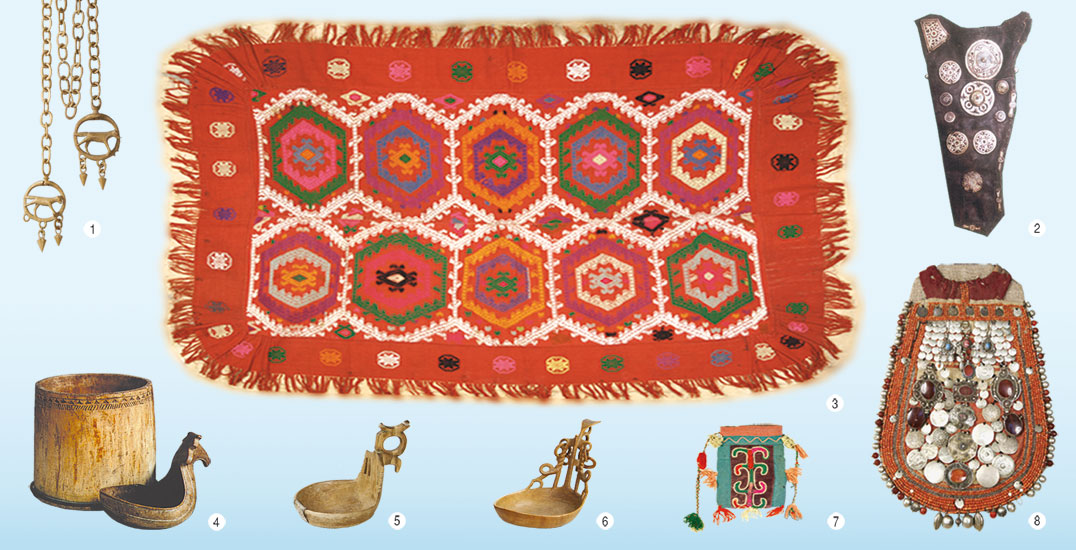 Биҙәү-ҡулланма сәнғәте. 1. Сылбыр. Ағас. Һырлау. БДХМ; 2. Уҡ-һаҙаҡ өсөн ҡумта. Күн, металл. БР Милли музейы; 3. Ашъяулыҡ. Йөн. Төрлө техникала туҡыу. БДХМ; 4. Бал, май һаҡлау өсөн һауыт һәм ҡымыҙ ҡойоу өсөн ижау. Ағас. Һырлау. “Оҙайлы һаҡлауҙар фонды” ААЙ йыйылмаһынан (Өфө); 5, 6. Ижауҙар. Ағас. Һырлау. БДХМ; 7. Янсыҡ. Йөн һәм плис туҡымалар, төҫлө йөн ептәр. Ҡорама, йүрмәп сигеү. БДХМ; 8. Түшелдерек. Ҡулдан һуғылған тула, ҡағыҙ материал, мәрйендәр, көмөш әйберҙәр, ҡалай. Һыҙат. БДХМ